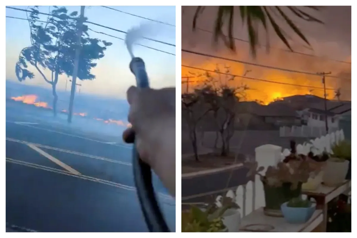 Fires outside Shane Treu's (L) and Robert Arconado's homes on the Hawaiian island of Maui on Aug. 8, 2023. (Shane Treu, Robert Arconado via AP)