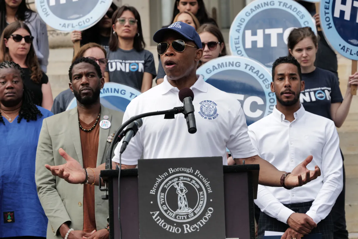 New York Mayor Eric Adams addresses the media at a rally in support of asylum seekers in New York on Aug. 15, 2023. (Spencer Platt/Getty Images)