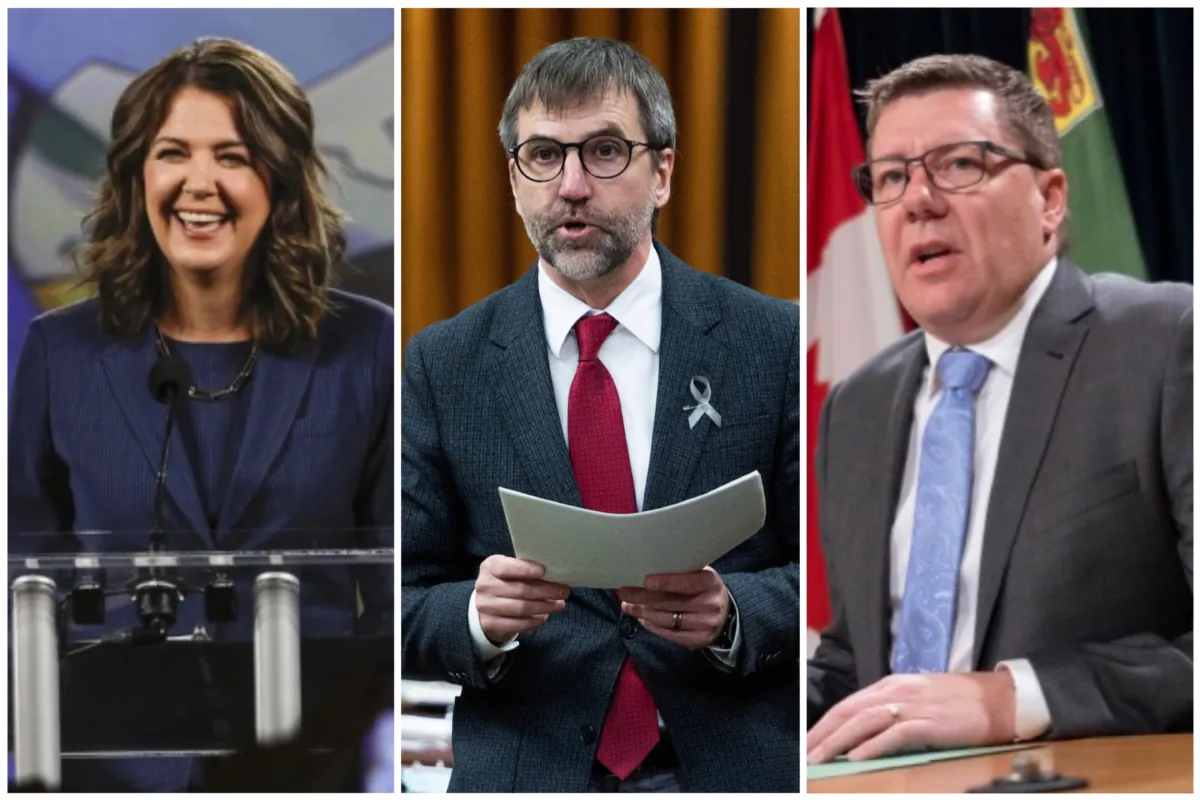 (L–R) Alberta’s United Conservative Party Leader Danielle Smith in Calgary, Alta., on May 29, 2023. (The Canadian Press/Jeff McIntosh); Federal Minister of Environment and Climate Change Steven Guilbeault rises during question period in the House of Commons on Parliament Hill in Ottawa on May 17, 2023. (The Canadian Press/Spencer Colby); Saskatchewan Premier Scott Moe at a press conference at the provincial legislative building in Regina on Oct. 27, 2020. (The Canadian Press/Michael Bell)