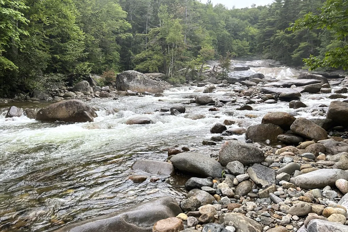 Franconia Brook as is flows several hundred yards below Franconia Falls, in the White Mountain National Forest, in Lincoln, N.H., on Aug. 15, 2023. (Conservation Officer Jon Demler/New Hampshire Fish and Game Department via AP)