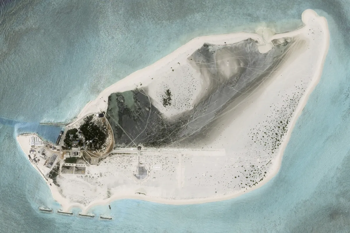 A satellite photo shows Triton Island in the South China Sea on Aug. 15, 2023. (Planet Labs PBC via AP)