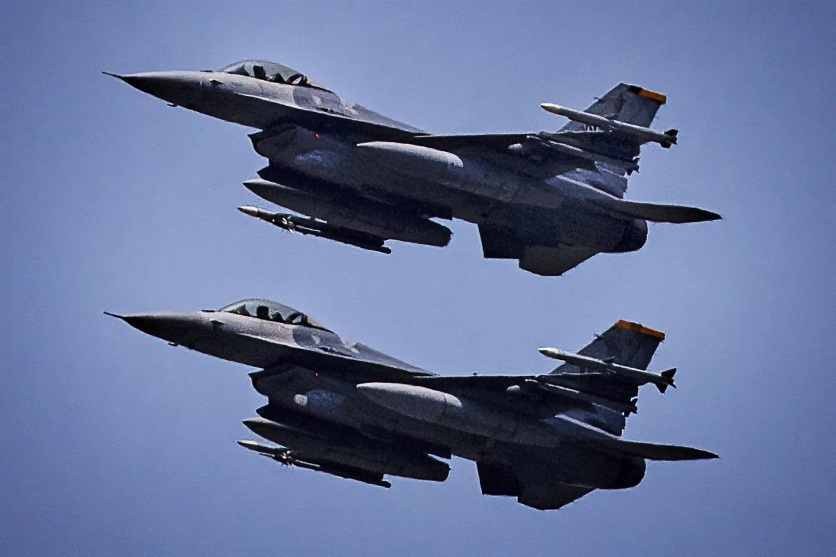 U.S. Air Force F-16 fighter jets fly in formation during U.S.-Philippines joint air force exercises dubbed Cope Thunder at Clark Air Base in Mabalacat, Pampanga province, Philippines, on May 9, 2023. (Ezra Acayan/Getty Images)