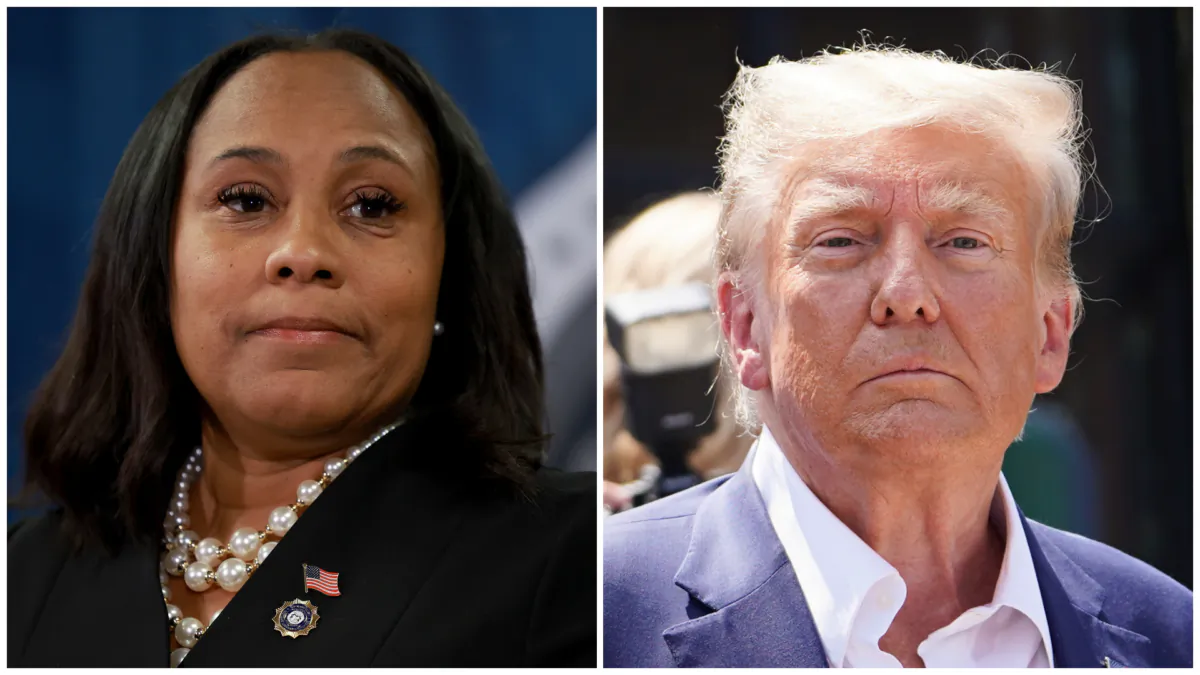 (Left) Fulton County District Attorney Fani Willis speaks during a news conference at the Fulton County Government building in Atlanta on Aug. 14, 2023. (Joe Raedle/Getty Images); (Right) Former President Donald Trump leaves at the Iowa State Fair in Des Moines, Iowa, on Aug. 12, 2023. (Madalina Vasiliu/The Epoch Times)