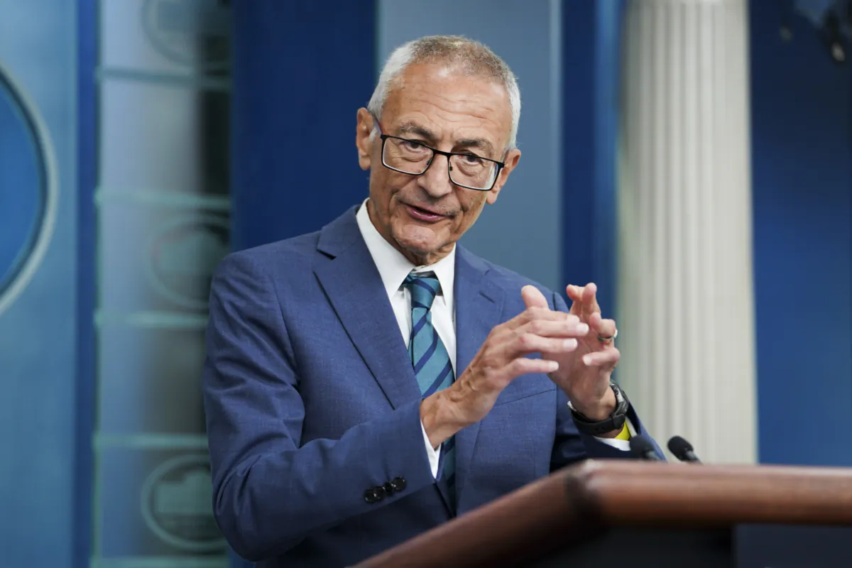 White House Senior Advisor for Clean Energy Innovation and Implementation John Podesta speaks during a press briefing at the White House on Aug. 16, 2023. (Madalina Vasiliu/The Epoch Times)