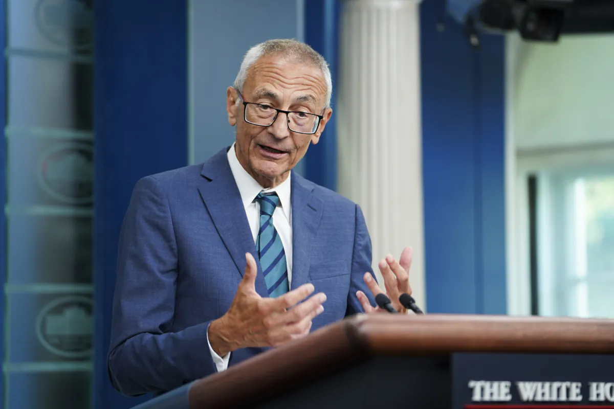 White House Senior Adviser for Clean Energy Innovation and Implementation, John Podesta, speaks during a press briefing at the White House in Washington on Aug. 16, 2023. (Madalina Vasiliu/The Epoch Times)