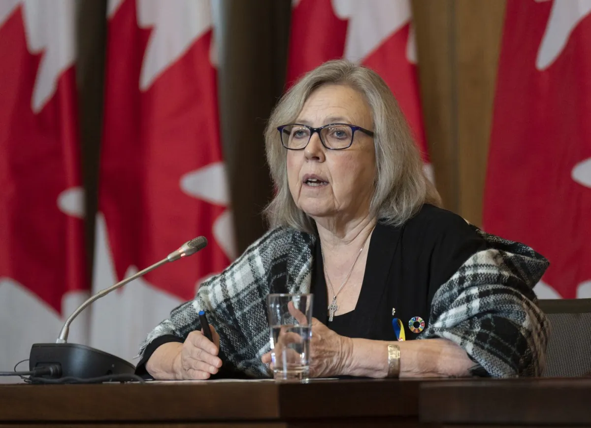 Green Party of Canada Leader Elizabeth May speaks at a news conference on Feb.14, 2023 in Ottawa. (The Canadian Press/Adrian Wyld)
