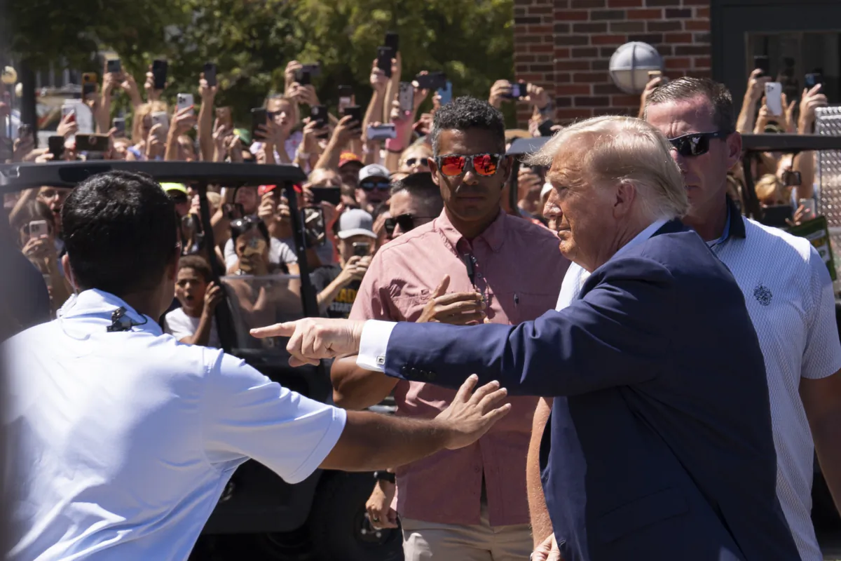 Former President Donald Trump arrives at the Iowa State Fair in Des Moines, Iowa, on Aug. 12, 2023. (Madalina Vasiliu/The Epoch Times)