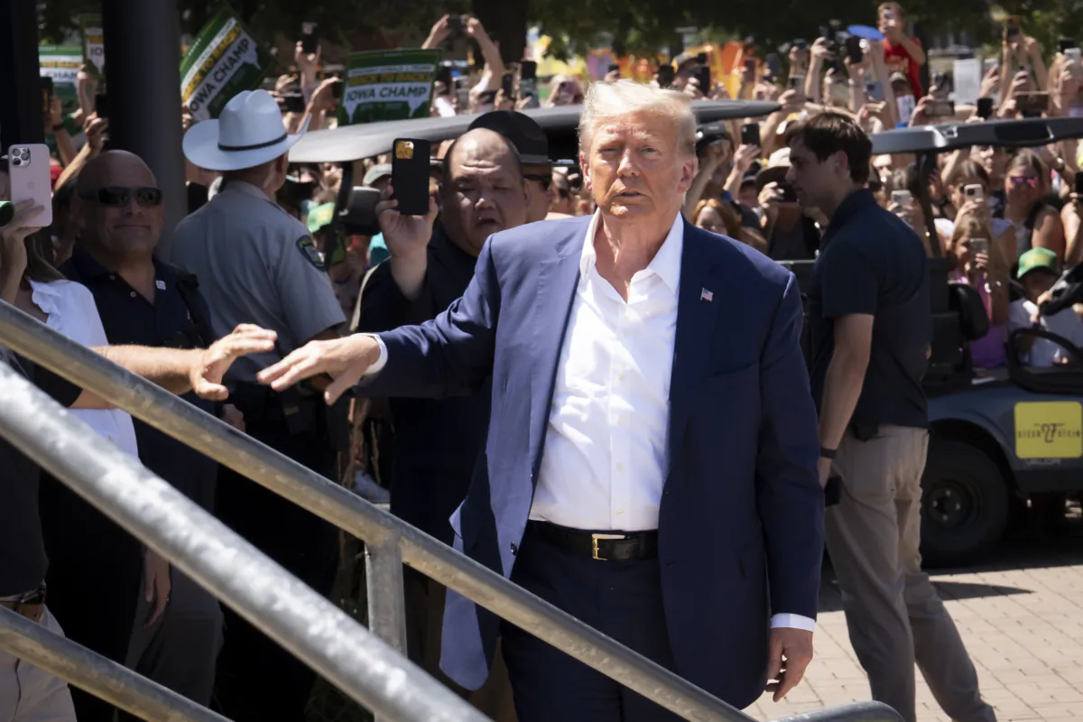 Former President Donald Trump arrives at the Iowa State Fair in Des Moines, on Aug. 12, 2023. (Madalina Vasiliu/The Epoch Times)