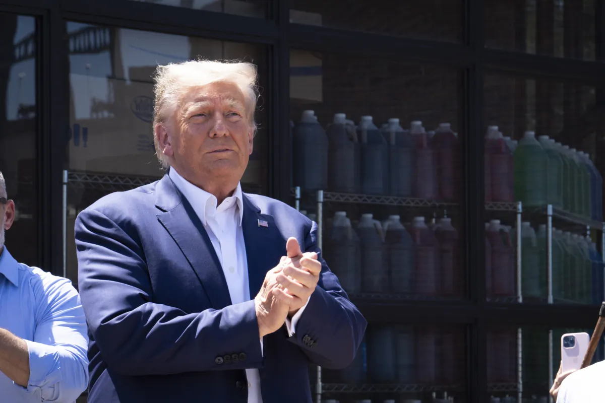 Former President Donald Trump arrives at the Iowa State Fair in Des Moines, Iowa, on Aug. 12, 2023. (Madalina Vasiliu/The Epoch Times)