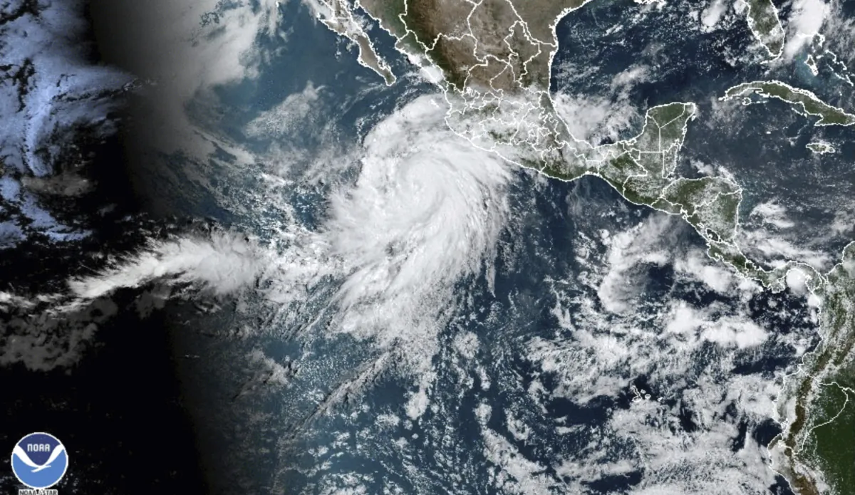 A satellite image shows Hurricane Hilary off the Pacific coast of Mexico at 10:50 a.m. ET on Aug. 17, 2023. (NOAA via AP)