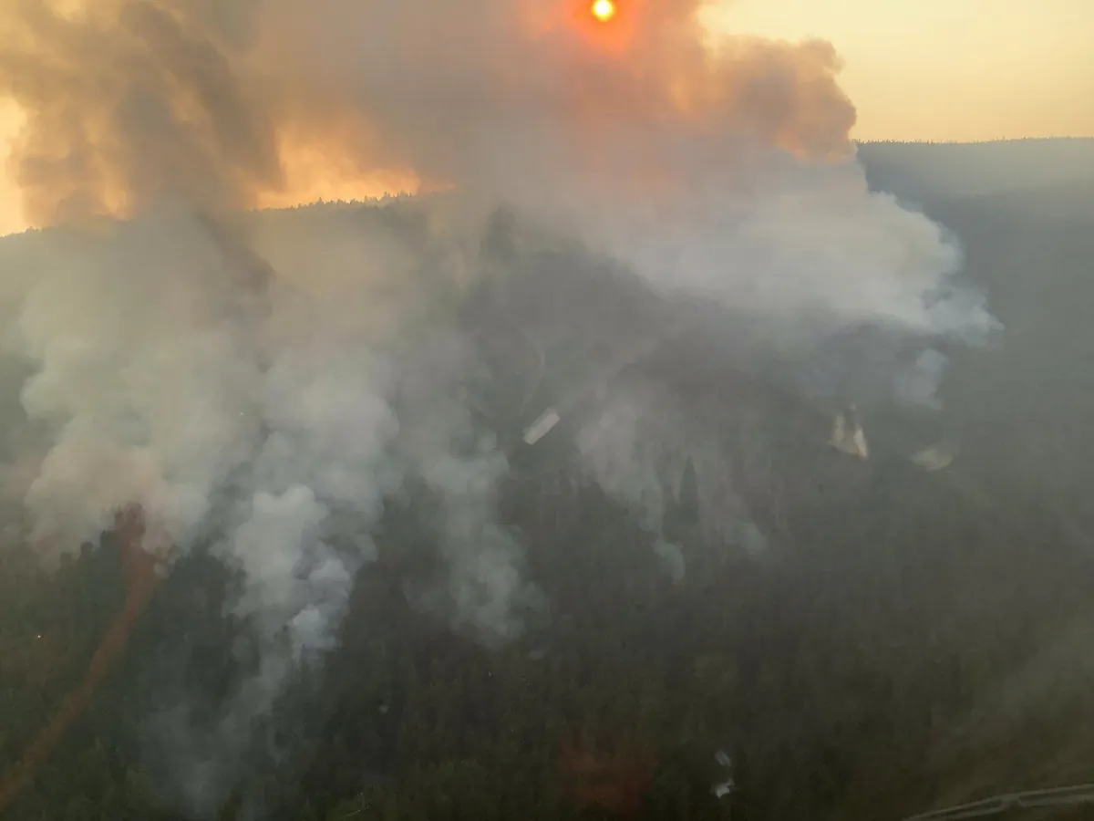 The BC Wildfire Service continues to respond to the McDougall Creek wildfire located 10 kilometres northwest of West Kelowna as shown in this undated handout image. (The Canadian Press/HO, BC Wildfire Service)
