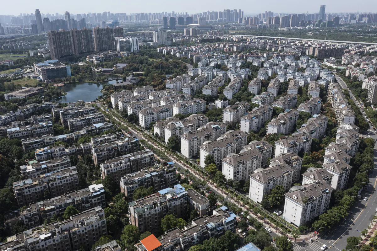 An aerial view shows the Evergrande Changqing community in Wuhan, Hubei Province, China, on Sept. 26, 2021. (Photo by Getty Images)