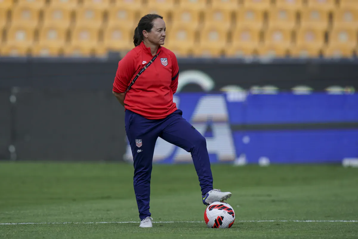 Twila Kilgore, assistant coach on the U.S. team watches players warm up prior to a CONCACAF women's championship soccer semifinal match against Costa Rica in Monterrey, Mexico on July 14, 2022. (Fernando Llano/AP Photo)