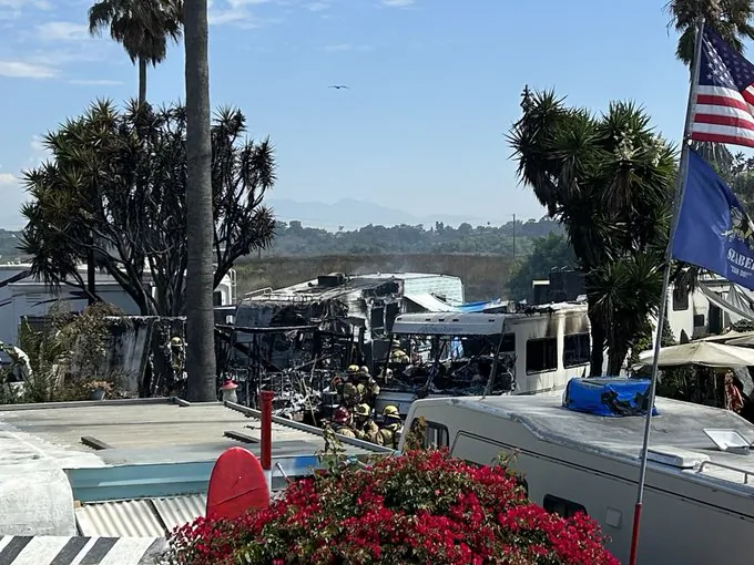 A fire claims three mobile homes in Newport Beach, Calif., on Aug. 16, 2023. (Courtesy of the Newport Beach Police Department)