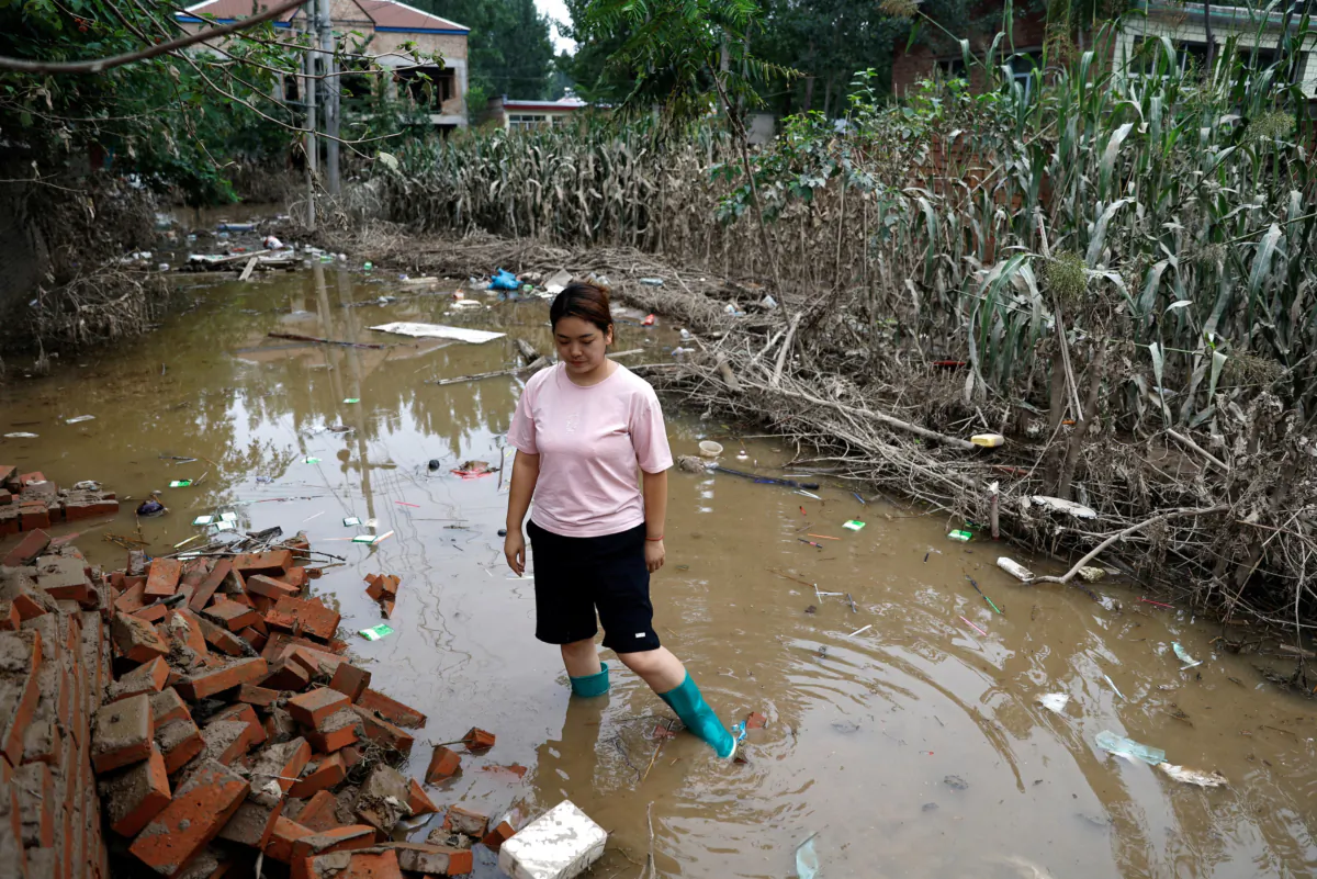 Wang Dan, 30, stands in floodwaters near a damaged corn farm, after rain and floods brought by remnants of Typhoon Doksuri, at a village in Zhuozhou, Hebei Province, China, on Aug. 7, 2023. (Tingshu Wang/File Photo/Reuters)