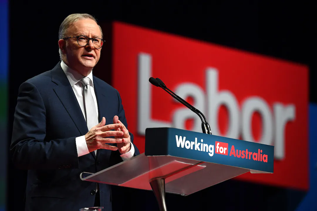 Australian Prime Minister Anthony Albanese speaks at the 49th ALP National Conference 2023 at the Brisbane Convention and Exhibition Centre in Brisbane, Australia on Aug. 17, 2023. (AAP Image/Jono Searle)