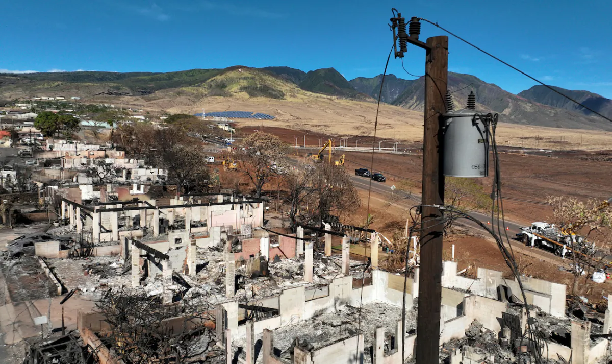 A power pole, and burned cars and homes in a neighborhood that was destroyed by a wildfire in Lahaina, Hawaii, are seen on Aug. 17, 2023. (Justin Sullivan/Getty Images)