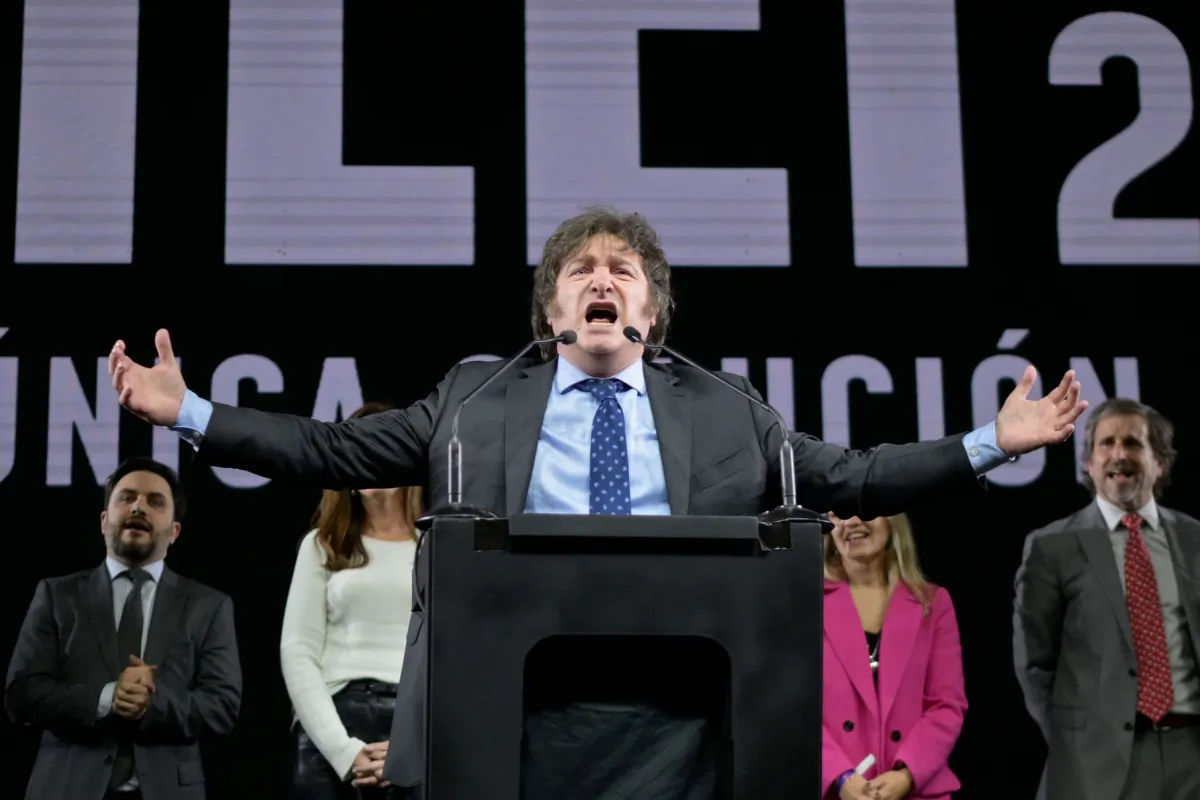 Argentine congressman and presidential candidate Javier Milei delivers a speech during the closing of his campaign for the Aug. 13 primary elections, at the Movistar Arena in Buenos Aires, Argentina, on Aug. 7, 2023. Argentina held primary elections on Aug. 13, and will hold the first round of the presidential vote on Oct. 22. (Luis Robayo/AFP via Getty Images)