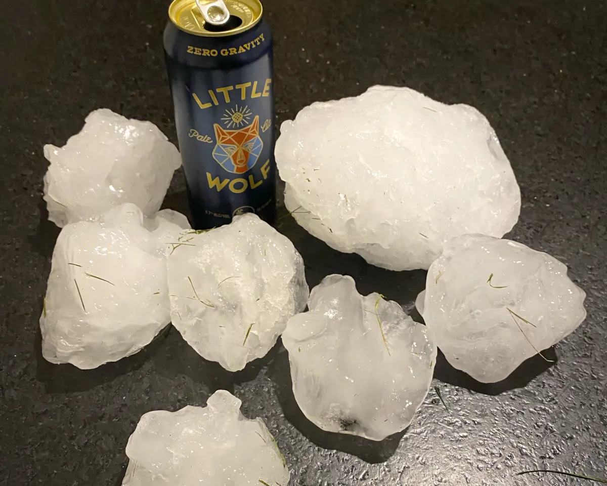 Pieces of ice gathered after a chunk of ice estimated to be 15 to 20 pounds crashed onto the roof of a home in Shirley, Mass., late on Aug. 13, 2023. (Jeff Ilg via AP)