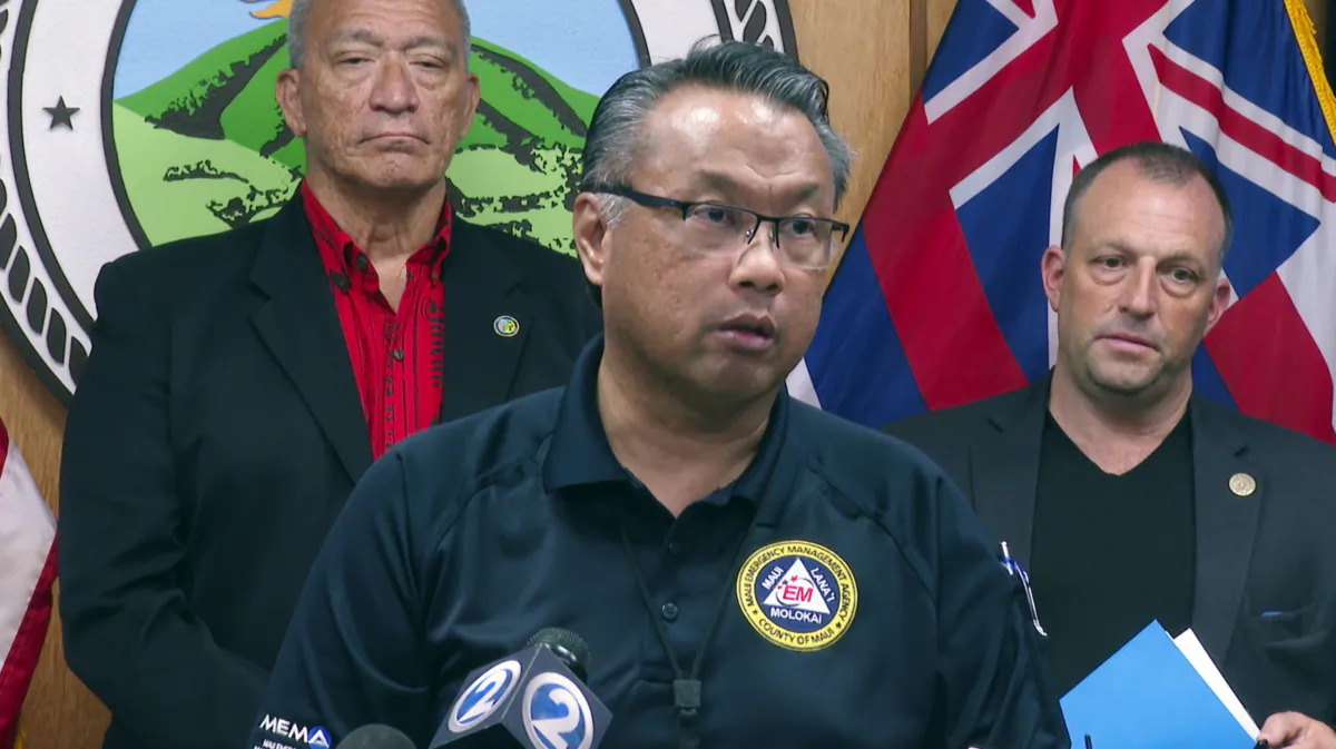 Maui Emergency Management Agency Administrator Herman Andaya speaks during a news conference in Wailuku, Hawaii, on Aug. 16, 2023. (Mike Householder/AP Photo)