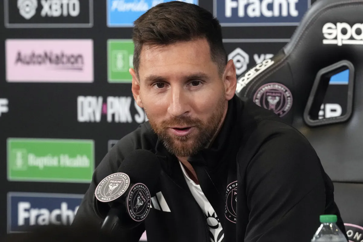 Inter Miami's Lionel Messi answers a question during a soccer news conference in Fort Lauderdale, Fla., on Aug. 17, 2023. (Marta Lavandier/AP Photo)