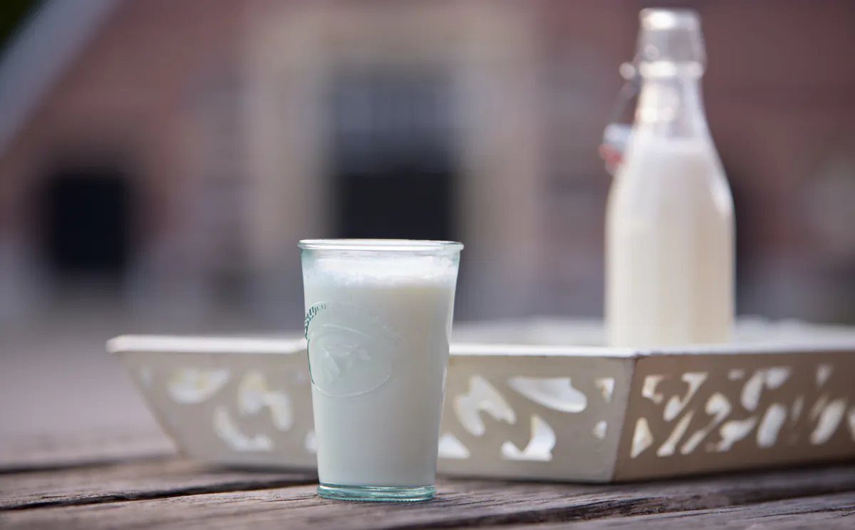 A glass of fresh raw milk at a farm in De Lutte, Netherlands, on July 29, 2023. (Pierre Crom/Getty Images)