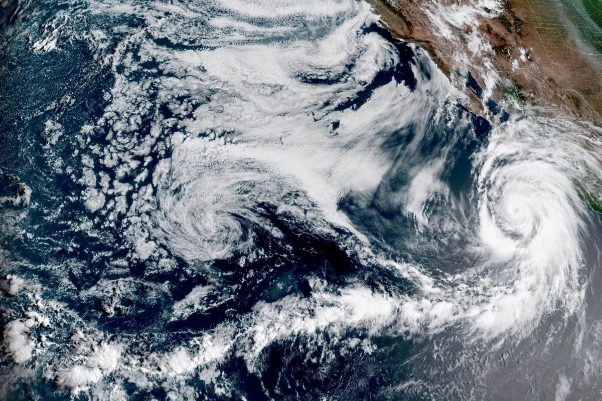 A satellite image shows Hurricane Hilary off Mexico’s Pacific coast at 1:10 p.m. ET on Aug. 18, 2023. (NOAA via AP)