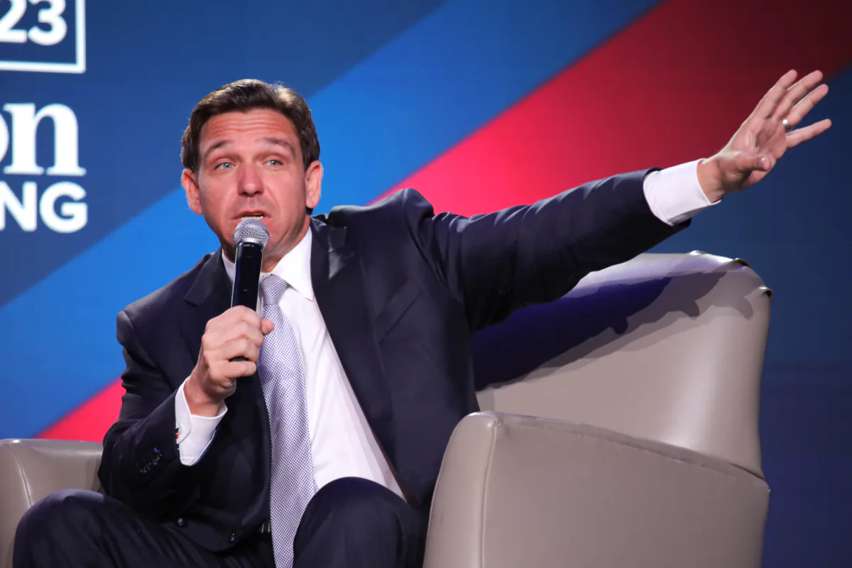 Florida Gov. Ron DeSantis speaks at The Gathering at the Grand Hyatt Hotel in Atlanta, on Aug. 19, 2023. (Justin Kase for The Epoch Times.)