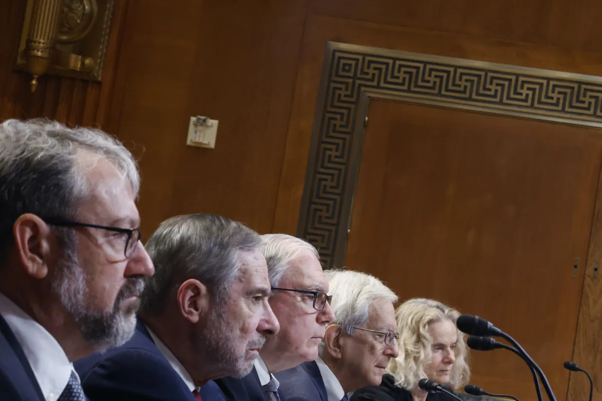 (L-R) National Institutes of Mental Health Director Dr. Joshua Gordon, National Cancer Institute Principal Deputy Director Dr. Douglas Lowy, Acting Director of the National Institutes Of Health Dr. Lawrence Tabak, National Institute on Aging Director Dr. Richard Hodes, and National Institute on Drug Abuse Director Dr. Nora Volkow testify before the Senate Appropriations Subcommittee on Labor, Health and Human Services, and Education about the NIH FY2024 budget in the Dirksen Senate Office Building on Capitol Hill in Washington on May 4, 2023. (Chip Somodevilla/Getty Images)