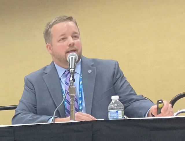 Alabama State Legislature General Counsel Jimmy Entrekin discusses the ramifications of the Supreme Court's June 2023 ruling in Allen v. Milligan, which forced Alabama lawmakers to redraw the state's seven congressional districts, during an  Aug. 16, 2023 presentation at the annual National Conference of State Legislatures (NCSL) Legislative Summit in Indianapolis, Indiana. (John Haughey/The Epoch Times)

