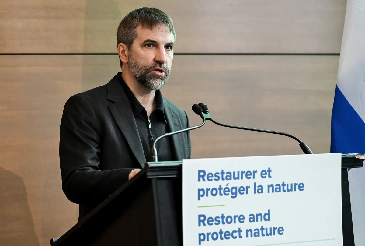 Environment Minister Steven Guilbeault speaks during a news conference in Longueuil, Que., on Aug. 8, 2023. (The Canadian Press/Graham Hughes)