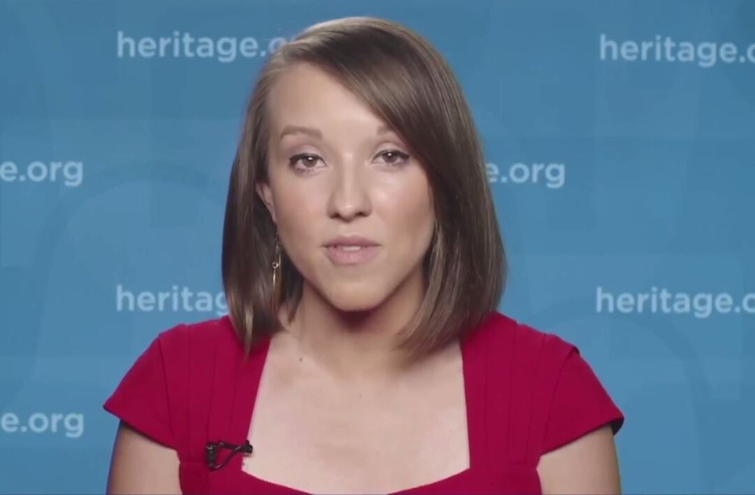 Emma Waters, a research associate for the Richard and Helen DeVos Center for Life, Religion, and Family at The Heritage Foundation, is interviewed on EpochTV’s “Crossroads” program on Aug. 11, 2023. (Screenshot/ Epoch TV)