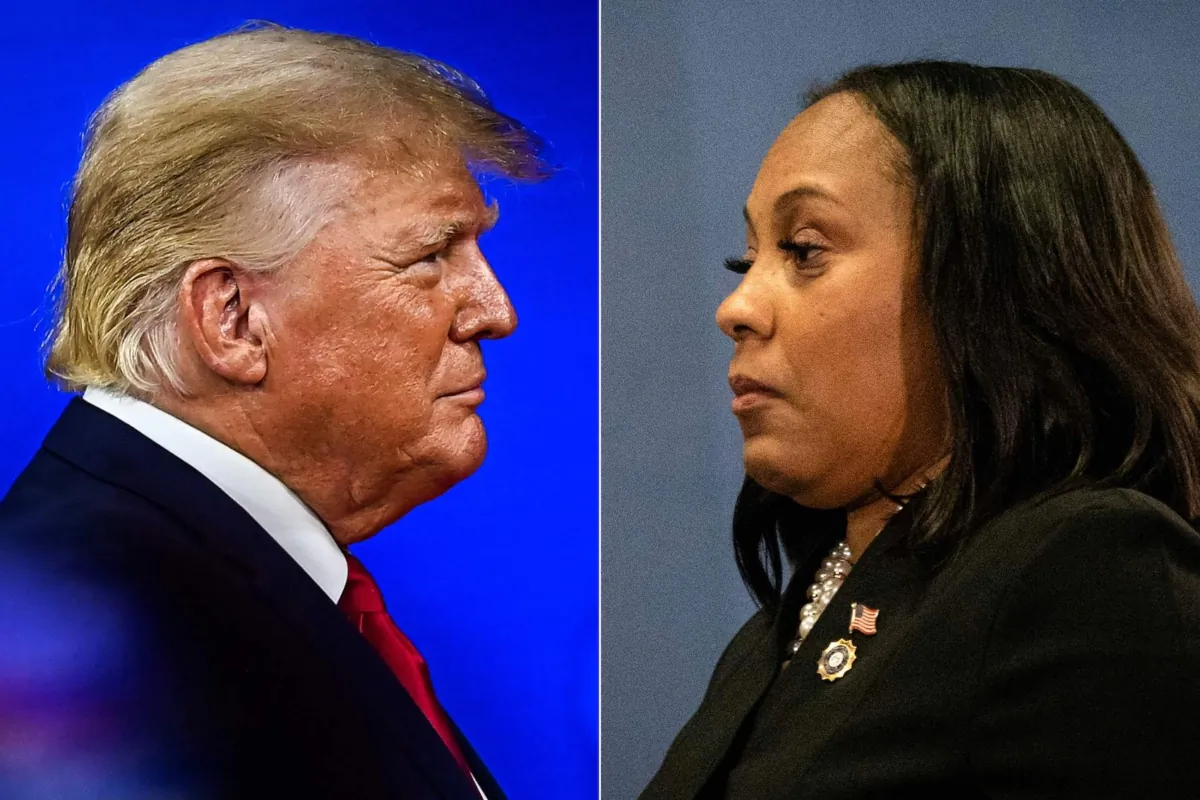 Former President Donald Trump in Orlando, Fla., on Feb. 26, 2022; Fulton County District Attorney Fani Willis in Atlanta on Aug. 14, 2023. (Chandan Khanna; Christian Monterrosa/AFP via Getty Images)