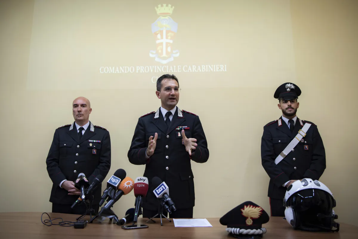 Colonel Giuseppe Carubia speaks during a Carabinieri Press conference following the capture of Sacha Chang after a double stabbing in Cuneo, Italy, on Aug. 18, 2023. (Marco Alpozz/LaPresse via AP)