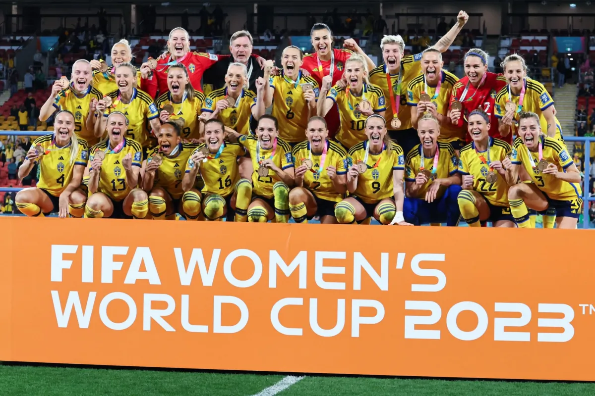 Sweden celebrate with their bronze medals after defeating Australia in the Women's World Cup third place playoff soccer match in Brisbane, Australia, on Aug. 19, 2023. (Tertius Pickard/AP Photo)
