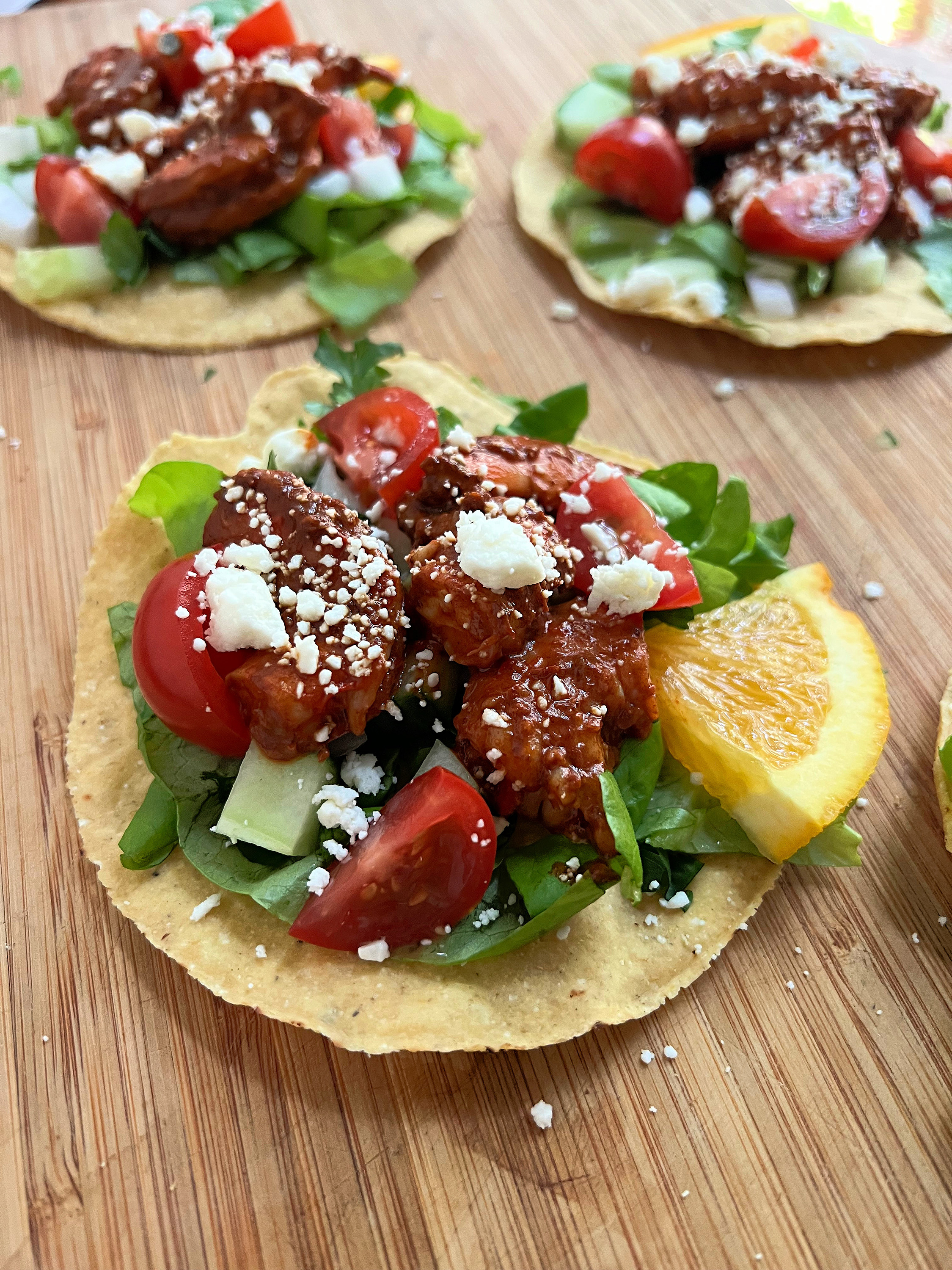 Spicy chili shrimp tostadas