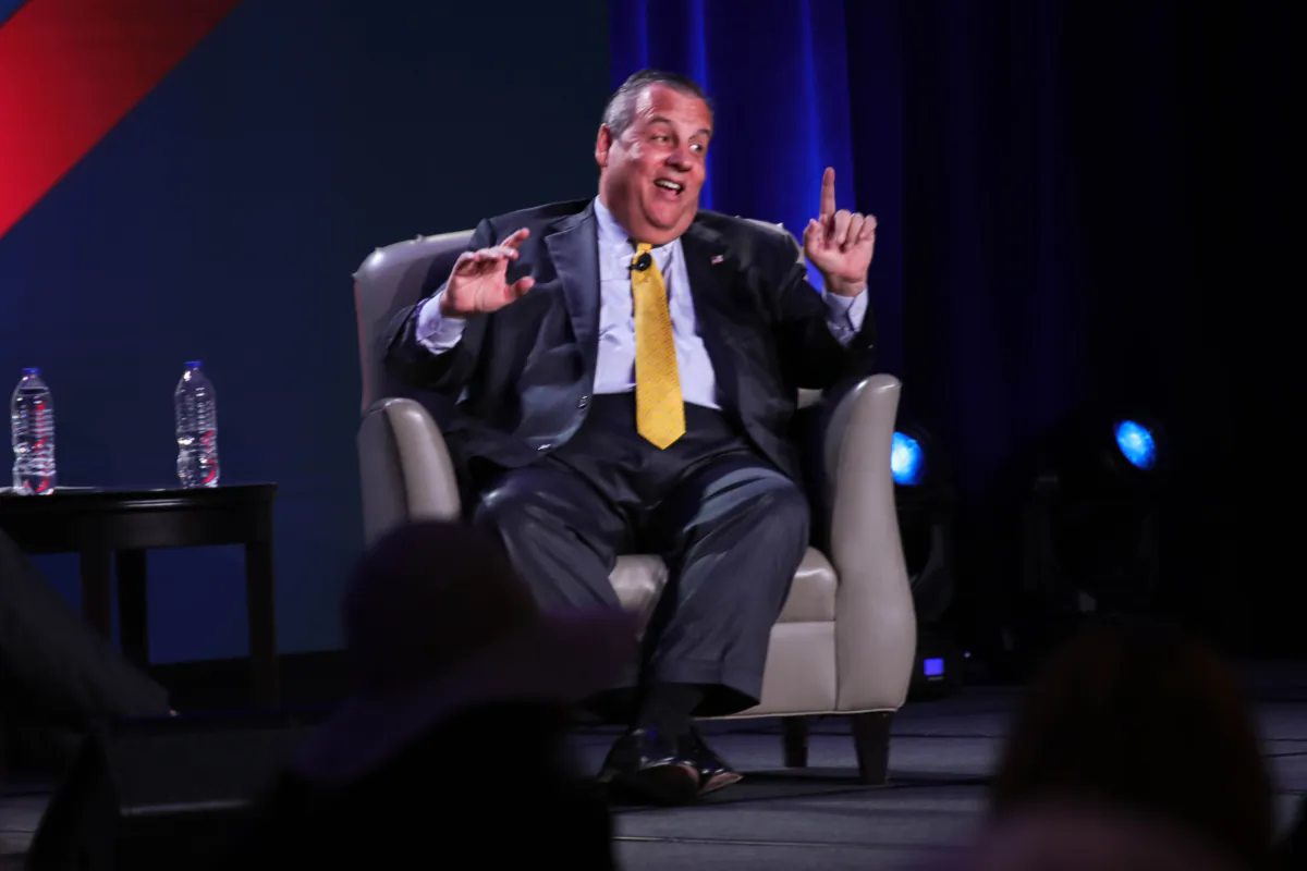 Former New Jersey Gov. Chris Christie speaks at Erick Erickson's "The Gathering" in Atlanta on Aug. 19, 2023. (Justin Kase/The Epoch Times)