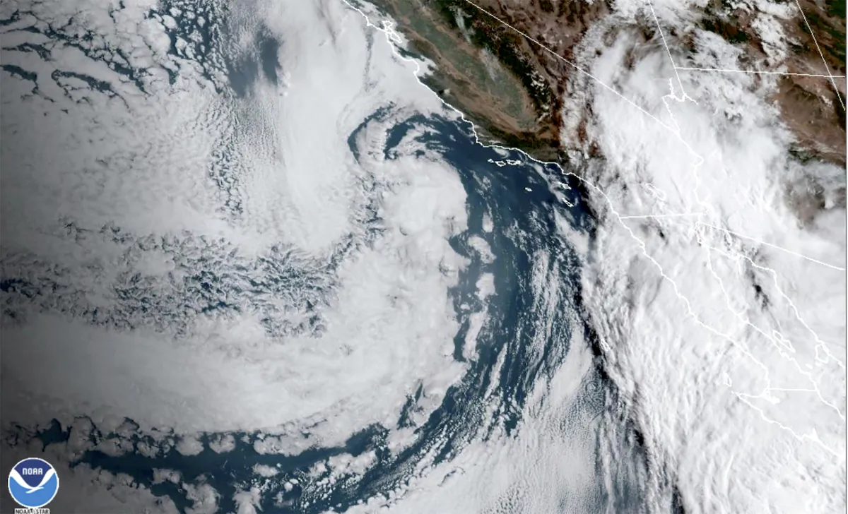 Hurricane Hilary (right) off Mexico’s Pacific coast on Aug. 19, 2023, as captured at 11:38 a.m. EDT by satellite. (NOAA via AP)