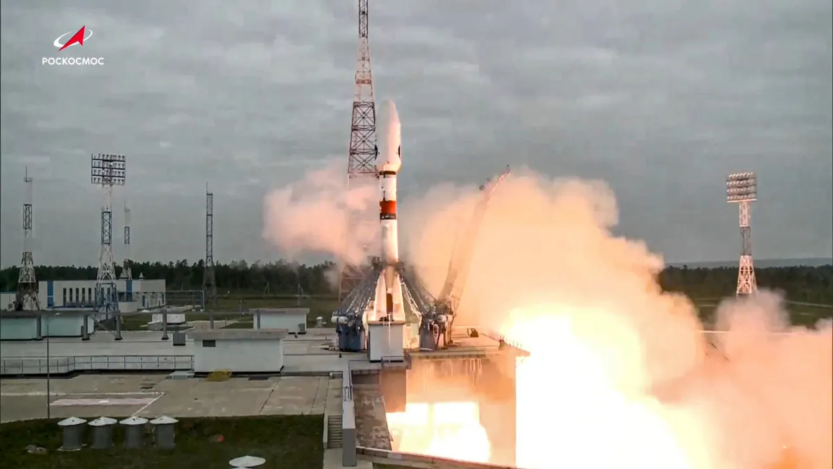 The Soyuz-2.1b rocket with the moon lander Luna-25 automatic station takes off from a launch pad at the Vostochny Cosmodrome in the Russia's Far East, on Aug. 11, 2023, in a still from video. (Roscosmos State Space Corporation via AP)