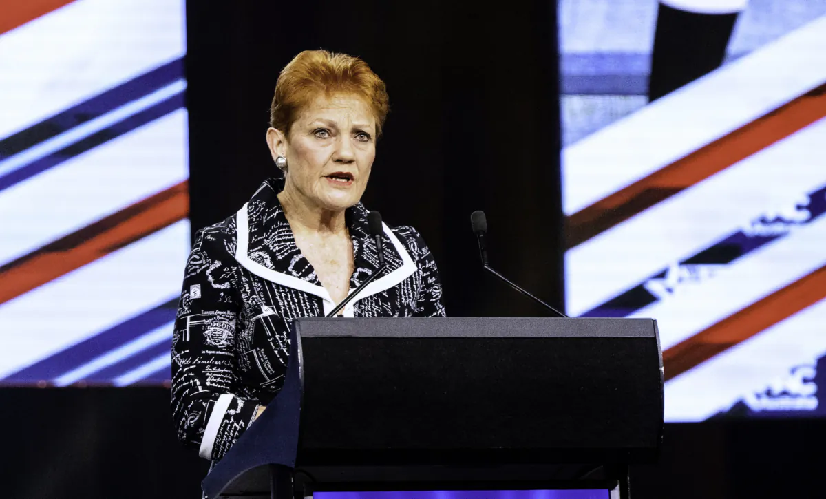 Senator and One Nation leader Pauline Hanson speaks in Sydney at CPAC Australia on Aug. 20, 2023. (Wade Zhong/The Epoch Times)