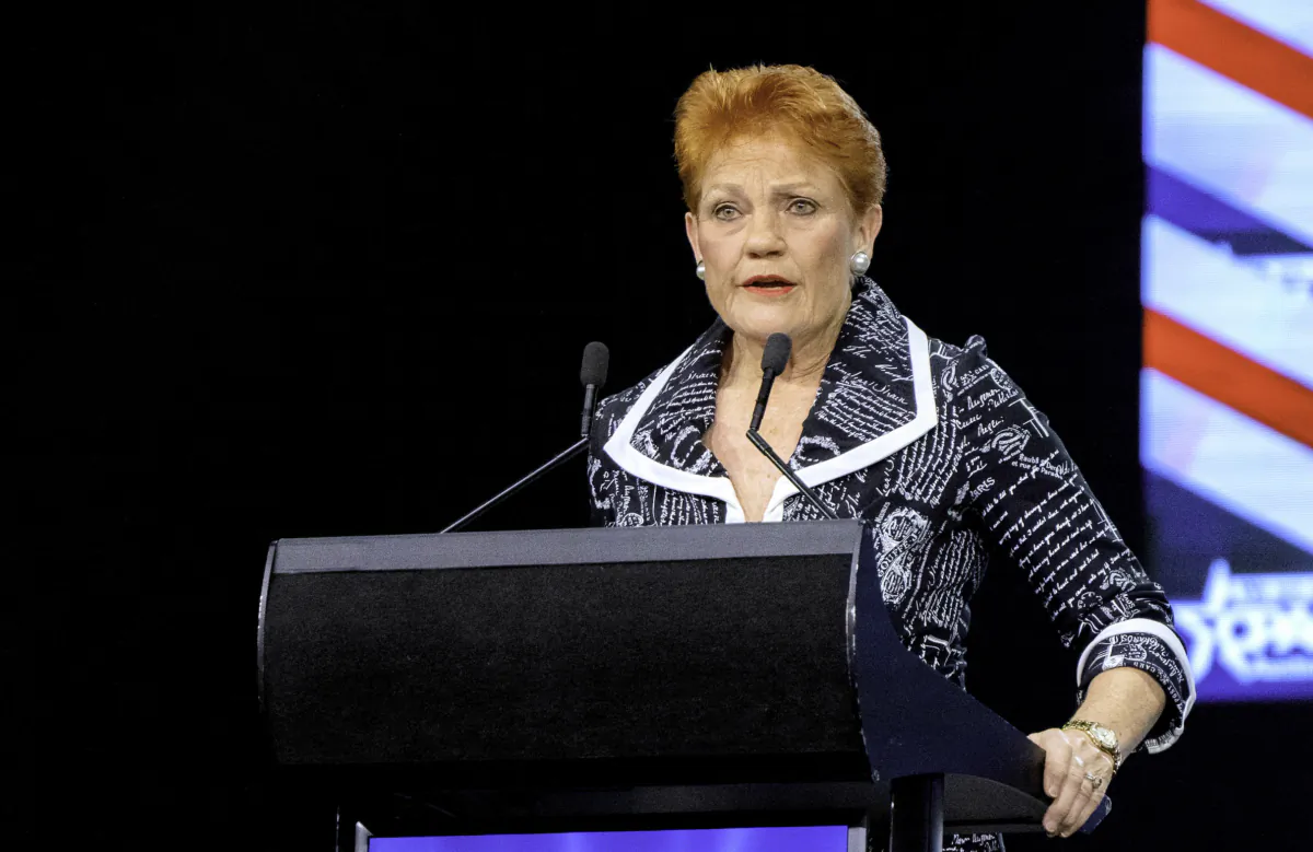 Senator and One Nation leader Pauline Hanson speaks in Sydney at CPAC Australia on Aug. 20, 2023. (Wade Zhong/The Epoch Times)