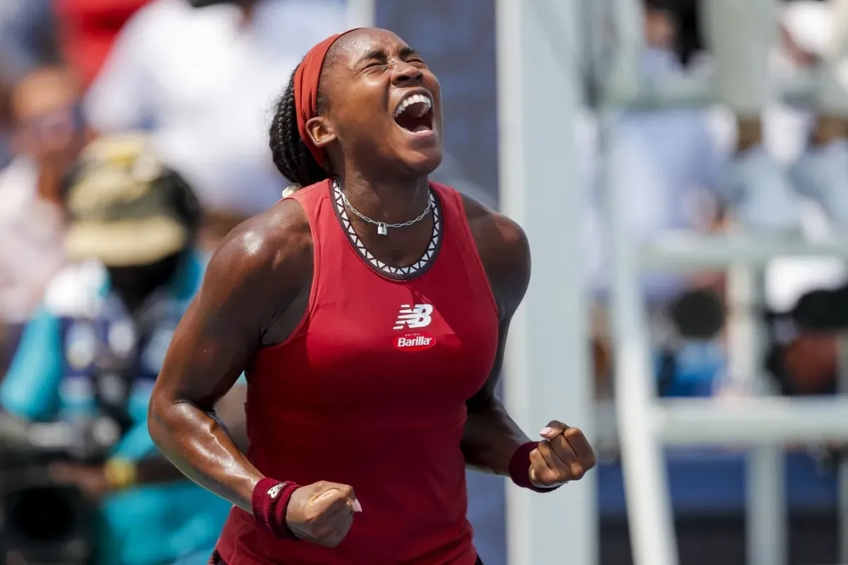 Coco Gauff (USA) reacts to winning the match over Iga Swiatek (Poland) during the Western and Southern Open tennis tournament at Lindner Family Tennis Center in Mason, Ohio, on Aug. 19, 2023. (Katie Stratman/USA TODAY Sports via Field Level Media)
