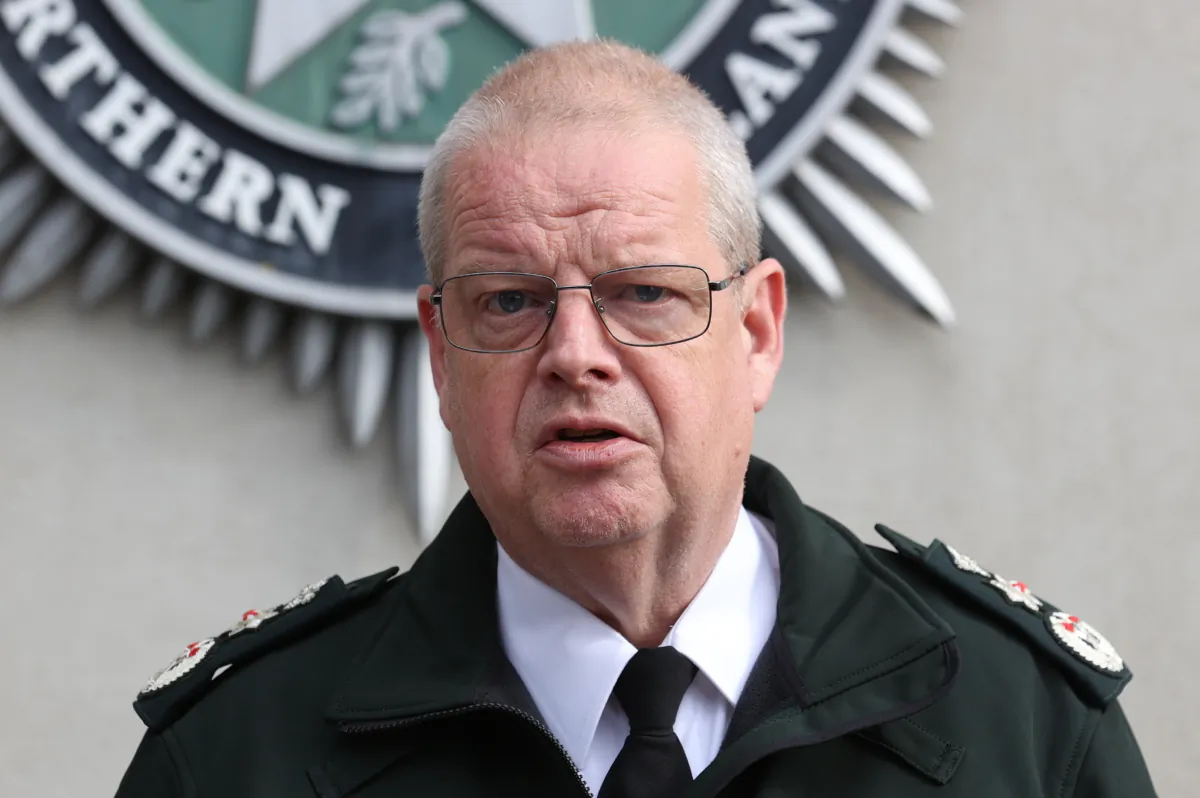 Police Service of Northern Ireland Chief Constable Simon Byrne speaking to the media outside the force's headquarters in Belfast on Aug.14, 2023. (Liam McBurney/PA)