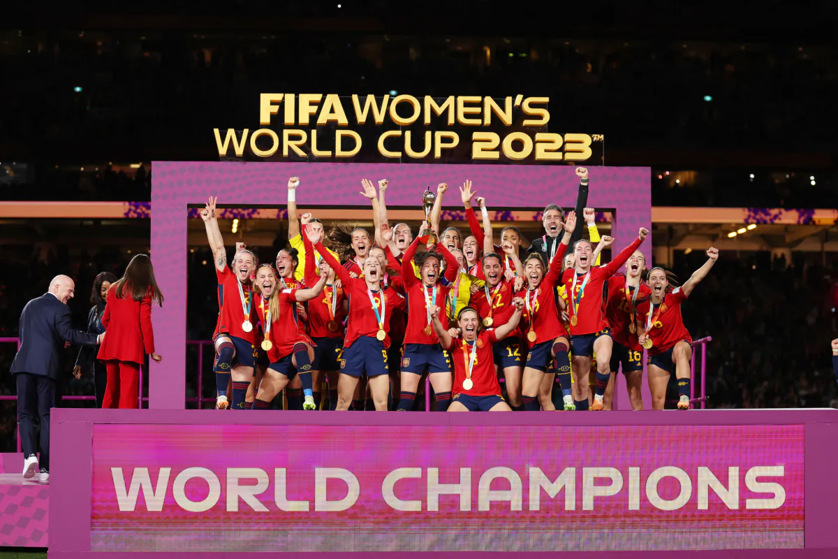 Spain players celebrate during the awards ceremony after the FIFA Women's World Cup Australia & New Zealand 2023 Final match between Spain and England at Stadium Australia in Sydney/Gadigal, Australia, on Aug. 20, 2023. (Catherine Ivill/Getty Images)