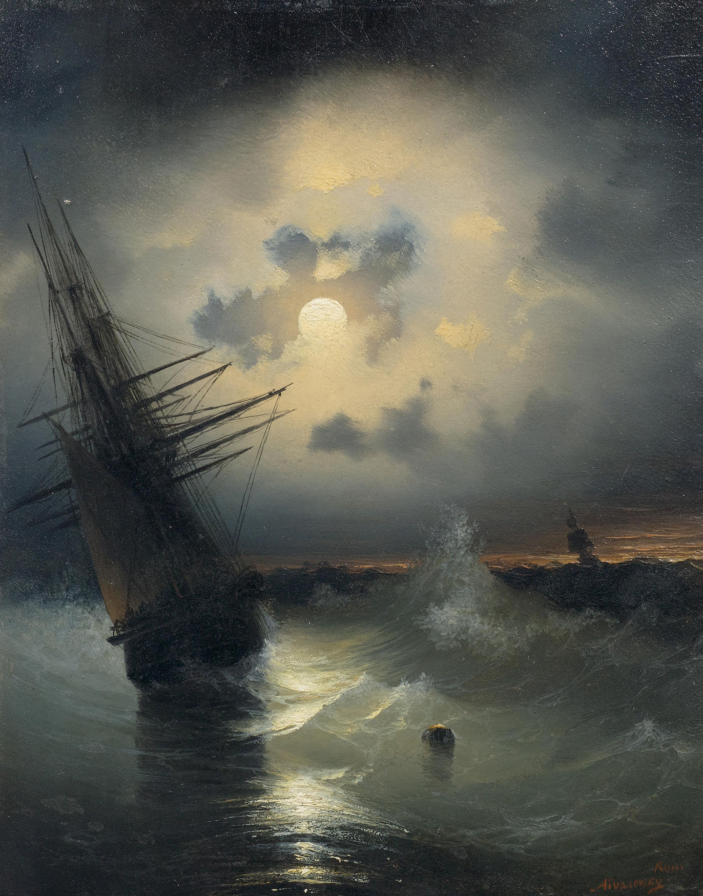 Sailing Ship on the Sea at Moonlight