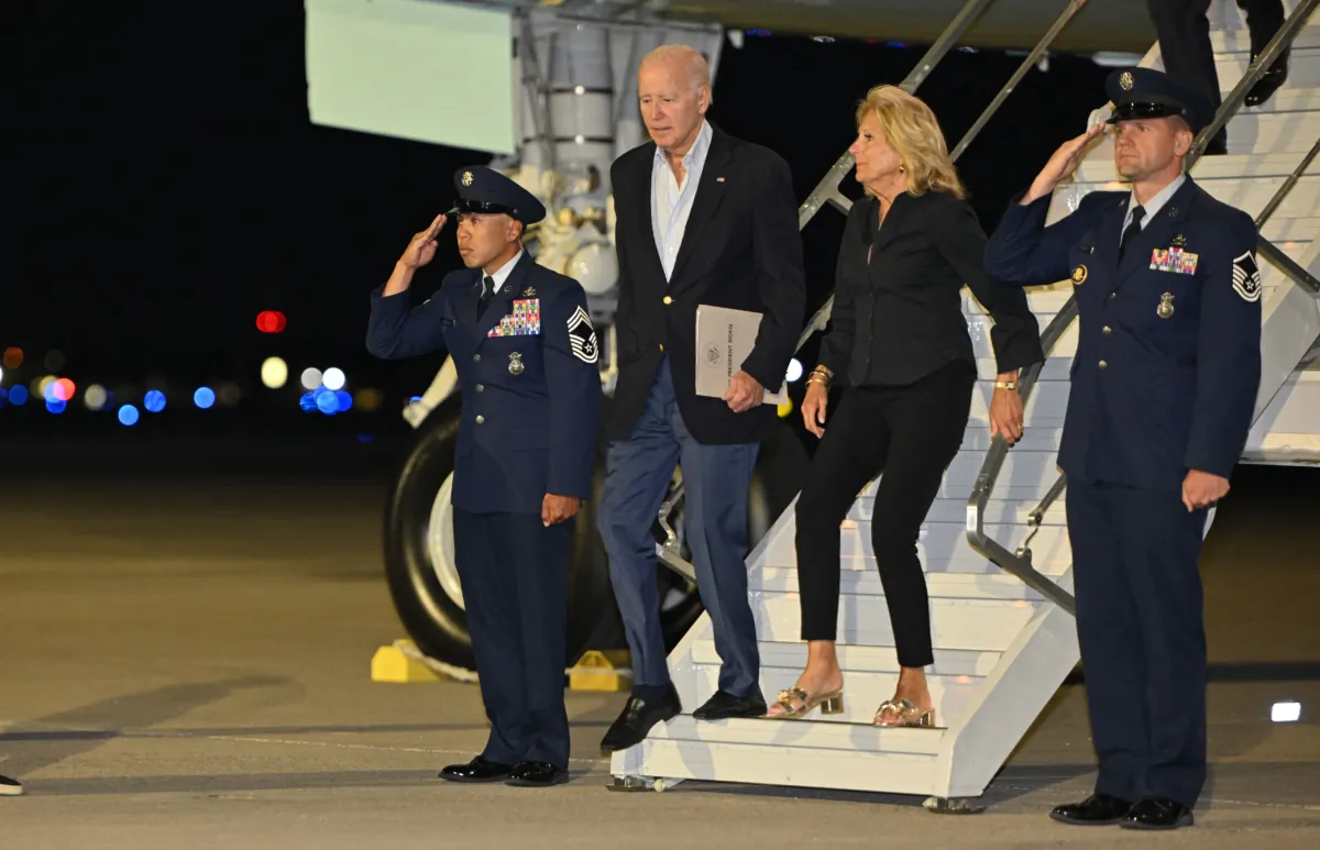 President Joe Biden and First Lady Jill Biden step off Air Force One upon arrival at Reno-Tahoe International Airport, Reno, Nevada on Aug. 18, 2023. (Mandel Ngan/AFP via Getty Images)