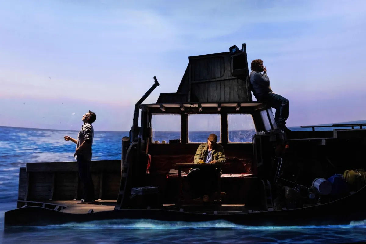 Designer Duncan Henderson’s set with the cast aboard the Orca for the Broadway play “The Shark Is Broken.” (Matthew Murphy)