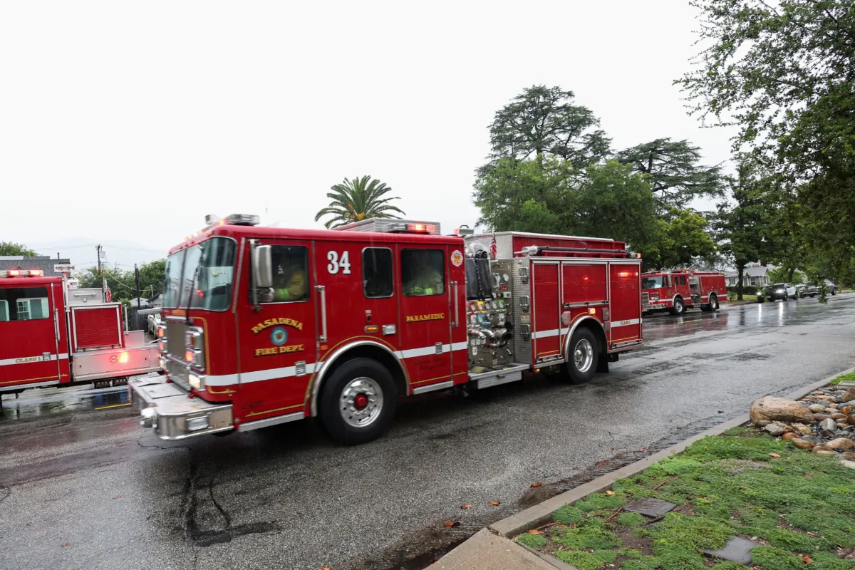 Pasadena Fire Department vehicles attend to a fire call following a magnitude 5.1 earthquake in Southern California, in Pasadena, Calif., on Aug. 20, 2023. (Mario Anzuoni/Reuters)