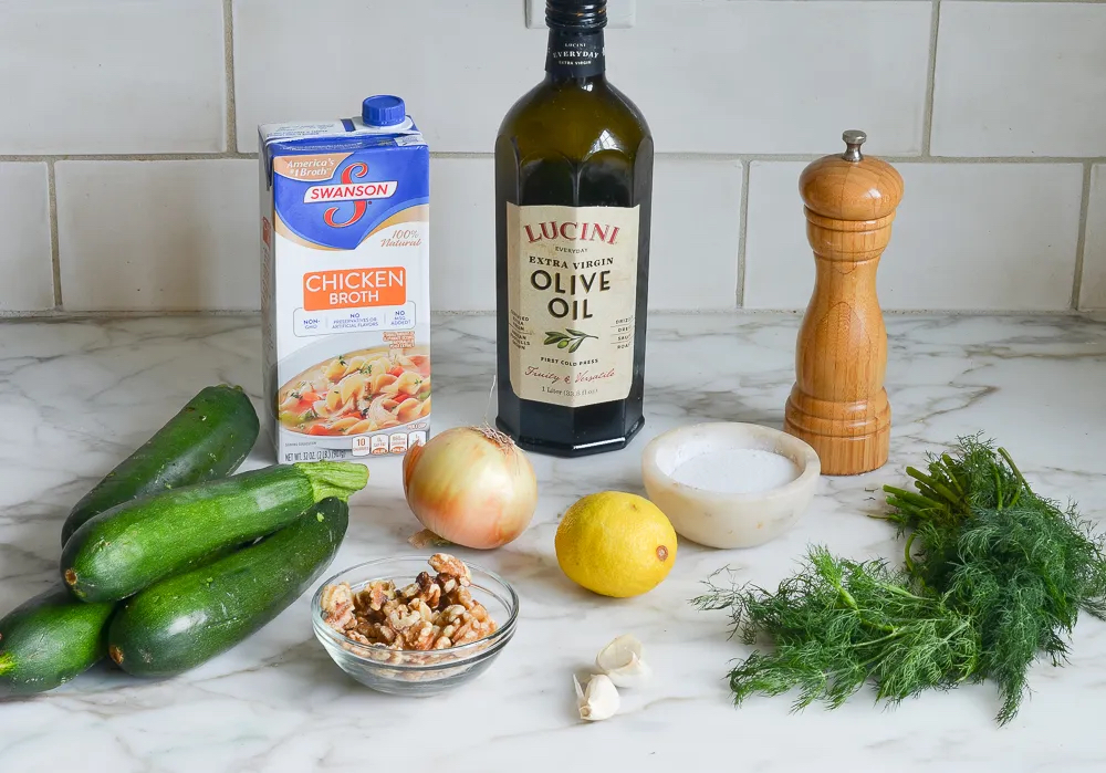 Ingredients for Creamy Zucchini Soup with Walnuts and Dill
