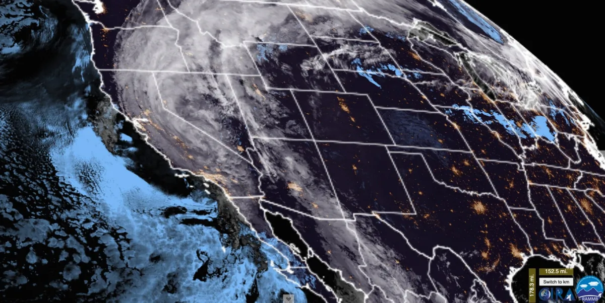 NOAA Satellite imagery of Tropical Story Hilary and cloud movement over the U.S. West Coast on Aug. 20, 2023. (Screenshot via The Epoch Times/CIRA/RAMMB)